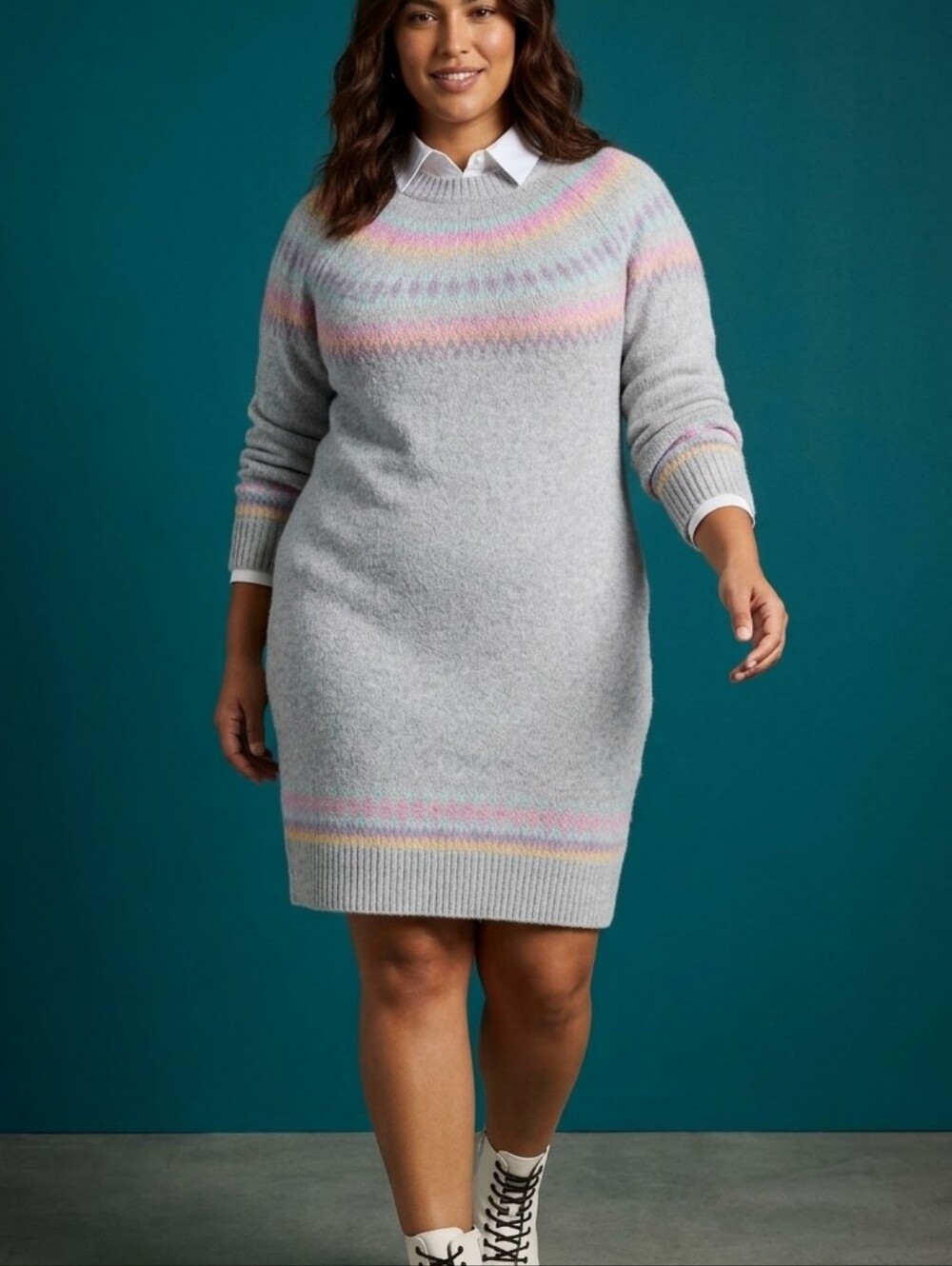 Torrid Vegan Cashmere Mini Sweater Dress 2X Gray Fair Isle Mock Neck Plus Size